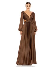 NWT  Mac Duggal Long Sleeve Pleated Charmeuse Cut Out Gown Espresso  Size 10