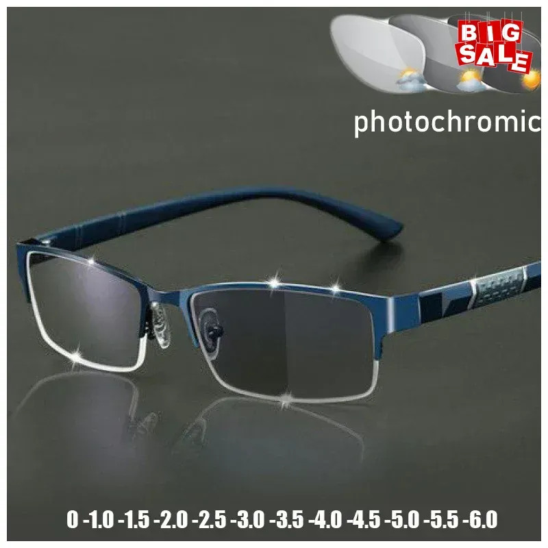 Business Men's Photochromic Myopia Glasses Unisex Half Frame Square Near