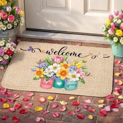 Zhanmai Spring Welcome Mats Hello Spring Floral Door Mat Colorful Tulip Flower R