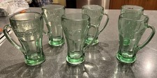 Set Of 6 VTG Coca Cola Mug Green Tinted Embossed Heavy Glass with Handle. 16oz
