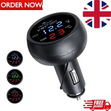 USB Car Charger DC 12V-24V LED Panel Digital Voltage Volt Meter Thermometer 3in1