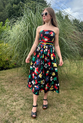 Kathryn Concover Saks Fith Avenue trägerloses Vintage schwarz Blumen Baumwollkleid XS