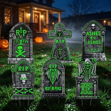 6 Pack Halloween Glow in The Dark Tombstones Decorations, 25"x16" Light Up Gr...