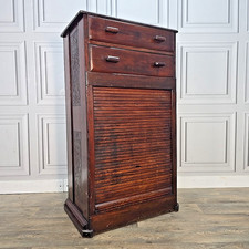 Antique Cabinet Tambour Roll Door & Drawers Vintage Filing Storage - Solid Wood