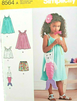 Simplicity 8564 Girls 3-8 Swing Sundress Top Shorts +Cat ''Purrmaid''  Purse New