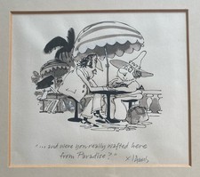 Vintage 1970s Postcard Cartoon Illustration Pen + Ink Humorous Signed Framed