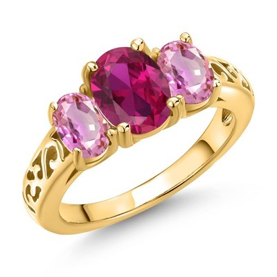 2.55 Ct Oval Red Created Ruby Pink Sapphire 18K Yellow Gold Plated Silver Ring