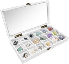 MOOCA Wooden Display Storage Case with Tempered Glass Lid for Wash White 