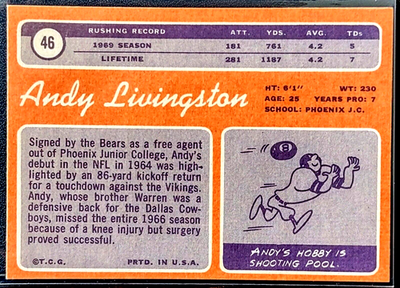 1970 Topps Andy Livingston #46 New Orleans Saints Running Back NMT