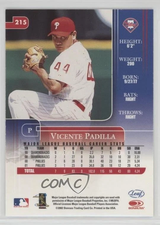 2002 Leaf Rookies & Stars Vicente Padilla #215 - Image 2 of 2