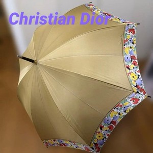Christian Dior Gold Floral Long Umbrella Designer Rain Gear Authentic Rare