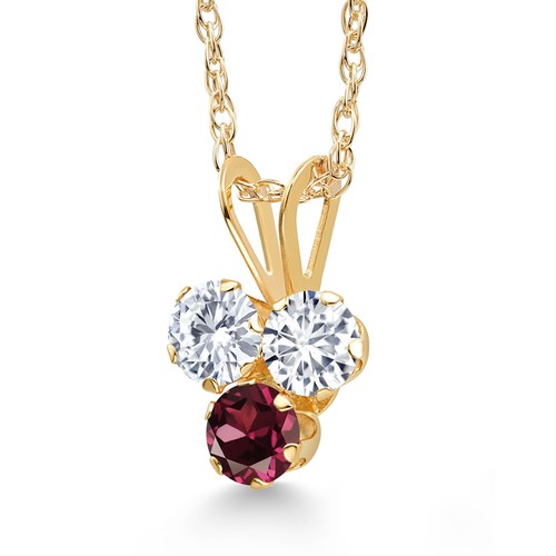 14K Yellow Gold White Lab Grown Diamond and Rhodolite Garnet 3-Stone Pendant - Picture 2 of 4