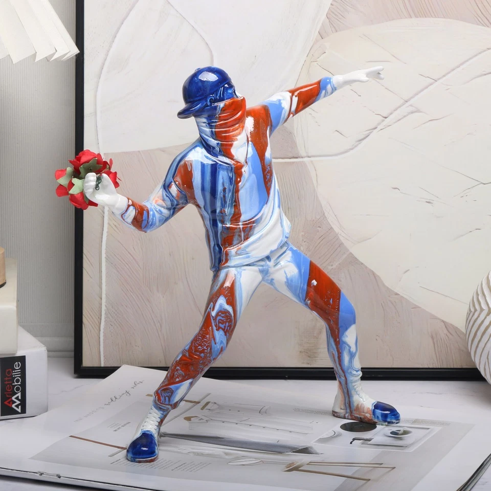 Modern Art Resin Banksy Sculptures Flower Thrower Statue Bomber Home Decor Gifts - Image 2 of 3