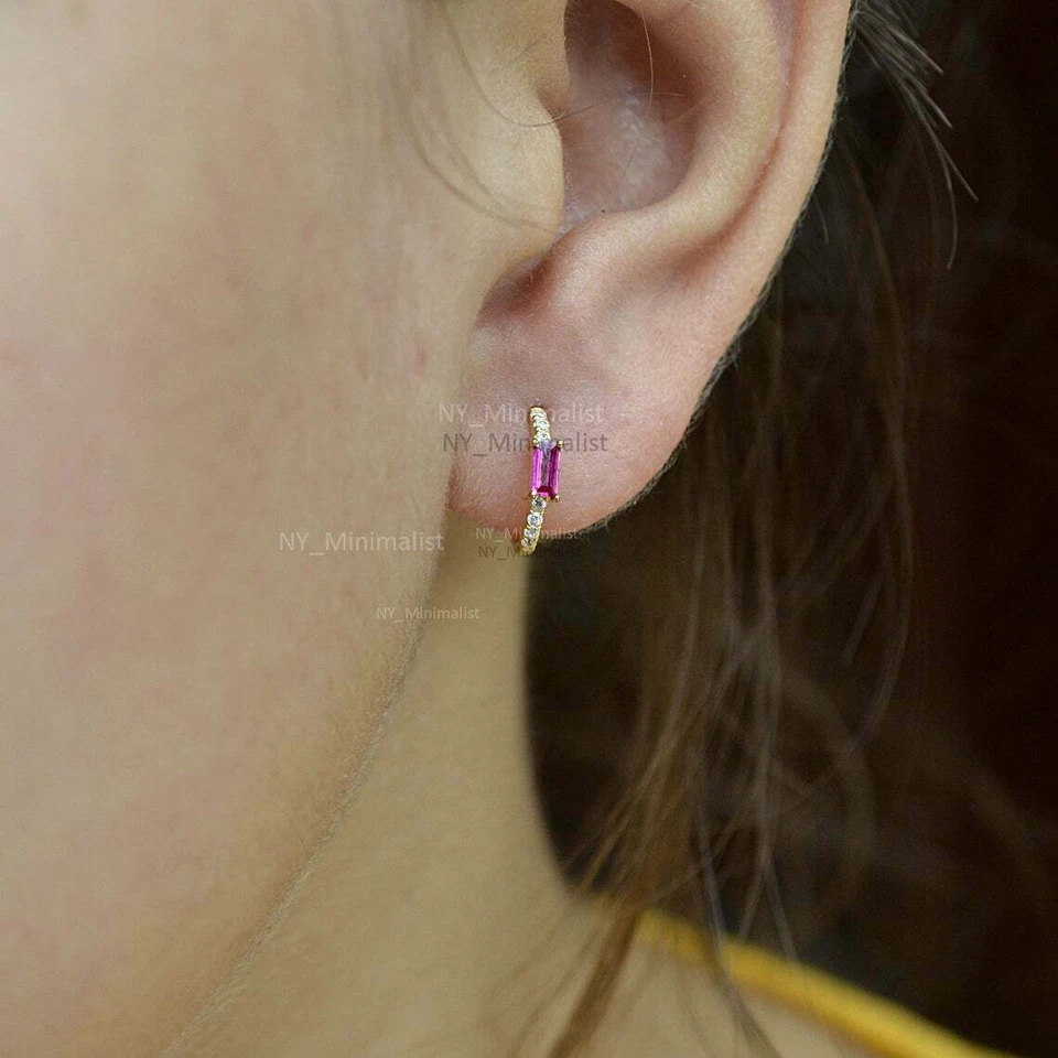 Natural Ruby and Pave Diamond Solid 14K Yellow Gold Plated Hoop Earrings - Image 4 of 4