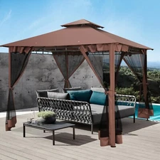 10x10 Patio Gazebo with Mosquito Netting Heavy Duty BBQ Canopy Tent Double Roof.
