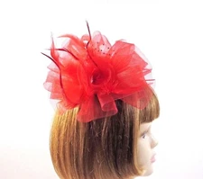 Red Feather Loop Fascinator Comb Pearls Hat Society Ladies