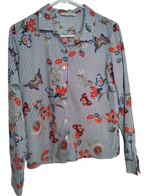 Casting Women's Blue/White  Striped Floral/ Butterfly Design Button Up Blouse...