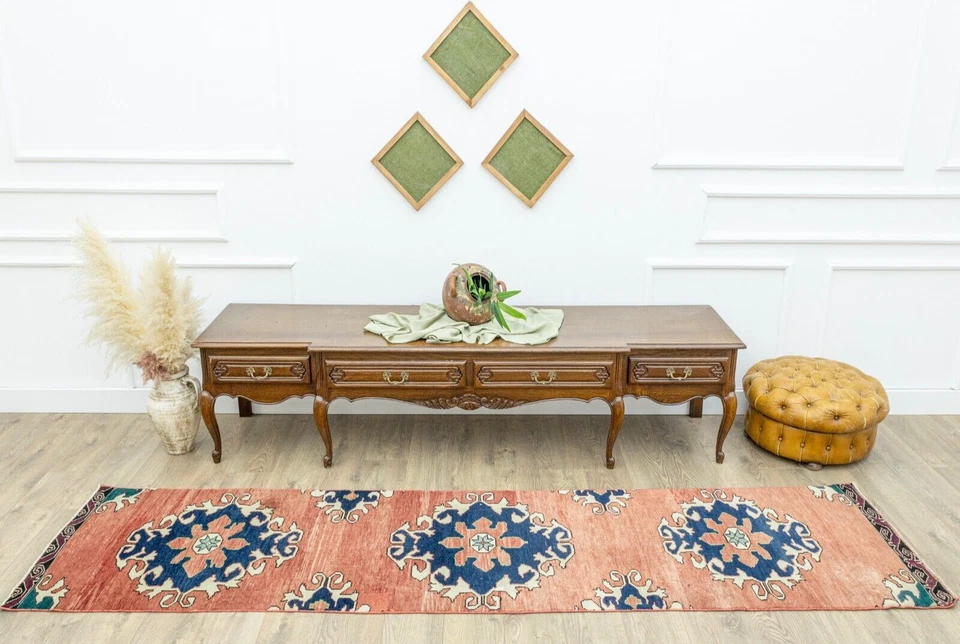 Turkish Oushak Runner 2.6x10.3 ft – Burnt Apricot & Indigo – Tribal Hallway Rug - Image 3 of 4