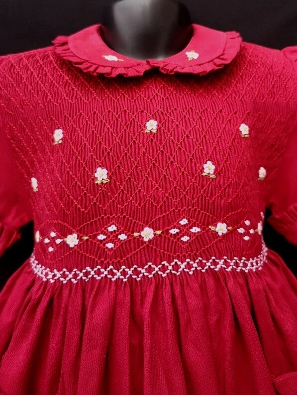 Robe smocks manches ballons col brodé en coton piqué Rouge foncé 2 ans à 12 ans - Photo 2/4