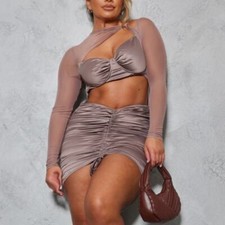 PrettyLittleThing Shape Taupe Satin Cut Out Ruched Mesh Overlay Bodycon, Size 4