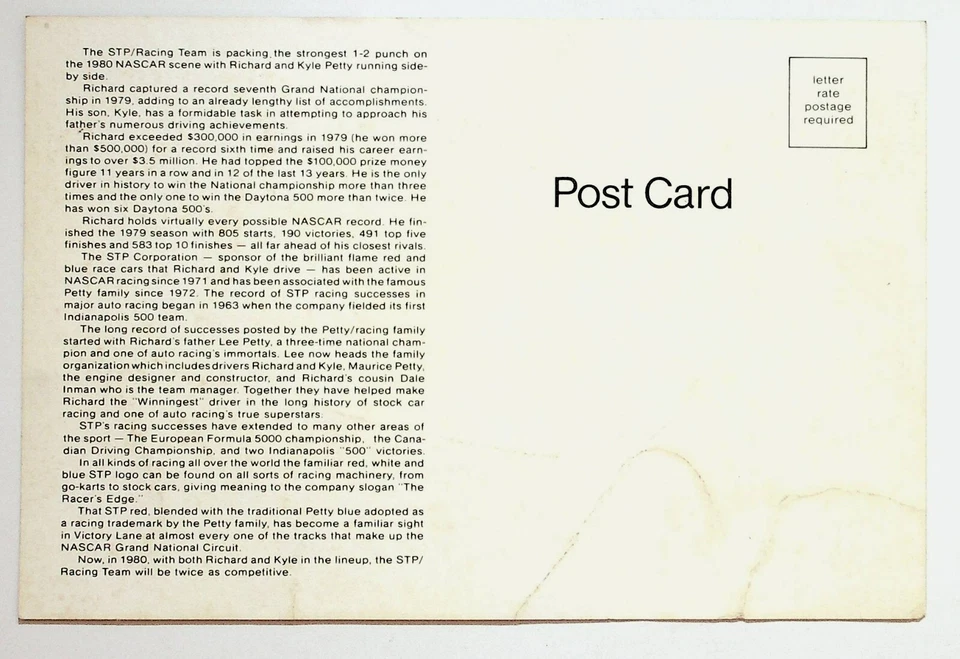 1980 Postcard NASCAR Richard Petty & Kyle Petty STP Racing Team - Imagem 2 de 4