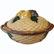 Ceramic 6 in Casserole Dish Lid Fruit Basket Lemons Grapes Brown Crazing Asian