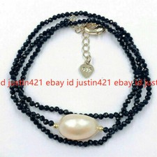Natural 3mm Faceted Black Spinel  11-12mm White Baroque Pearl Necklace 18''