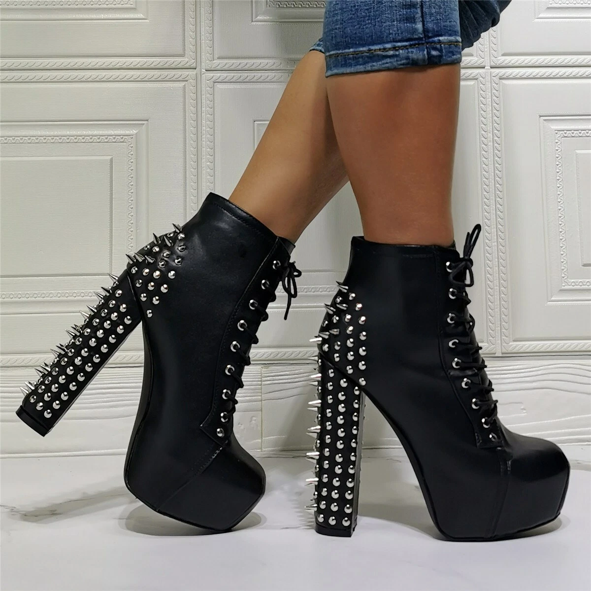 Black natural leather ankle boots with high heels and aims, women`s ankle  boots, side zip fastening, metallic spikes, high heels, slight… | Boots,  Heels, High heels