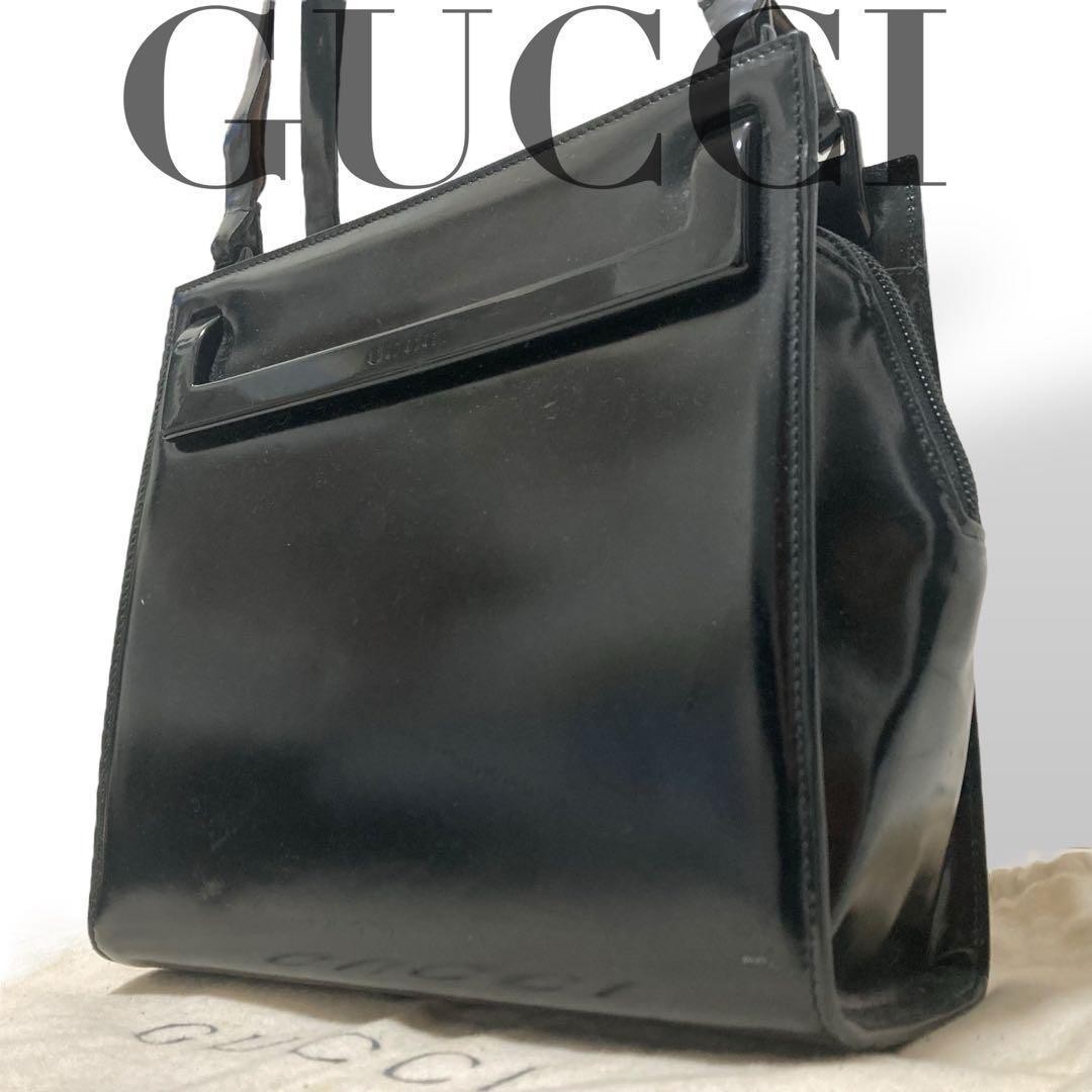 Gucci Black Leather Tote Bag with Enamel Logo in Good Condition