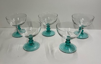 Set Of 5 Vtg Luminarc 8.0 oz Margarita Glasses Aqua Green Stem Dessert Bowl 4.5 