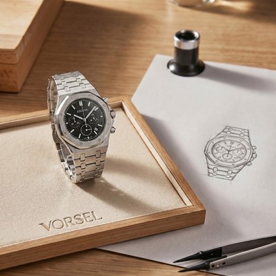 VORSEL Mens Quartz Chronograph Watch Black Dial Stainless Steel Band 43mm