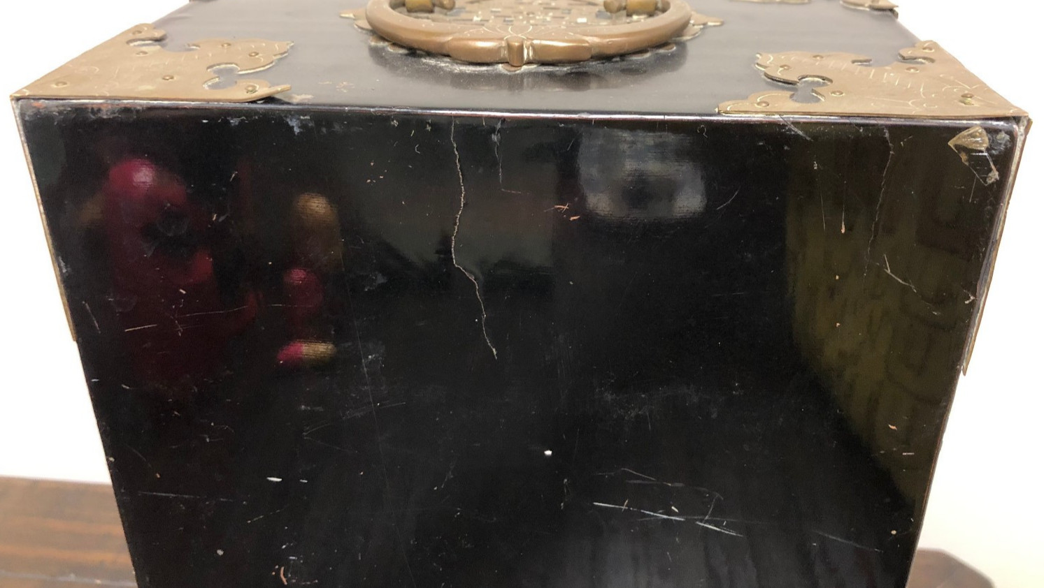 Vintage Asian/Vietnam Wood w/Black Laquer/Brass/Painted Fish/Jewelry Cabinet/Box