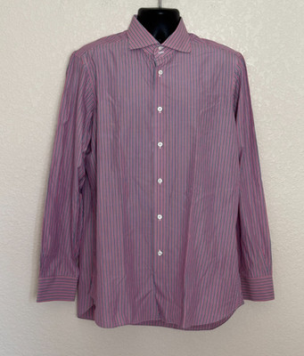 Franck Namani Mens Shirt Hand Sewn Red Blue Stripe Luxury Office Wedding NSF
