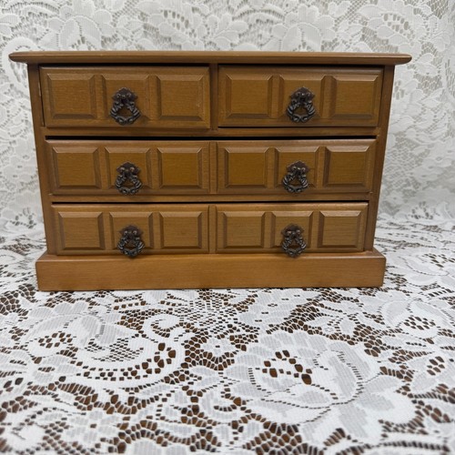 Vintage Wood Miniature Dresser Jewelry Music Box 4 Drawer Red Velvet Lining MCM