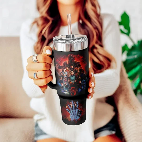 Custom 80s Sci-Fi Horror Style Tumbler With Handle