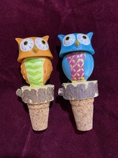 Colorful Owl Wine Bottle Stoppers Set of 2 Orange Blue Decorative Figurines Cork