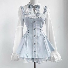 Romantic Party Short Dress: Light Blue Lace, Bow, Ruffle, Balloon Sleeves