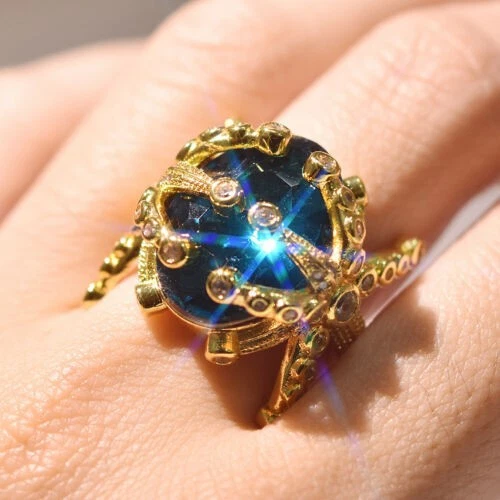 Anillo de boda con piedras preciosas estrella enchapado en oro amarillo de 18 quilates topacio azul joyería moda Foto 3 de 4
