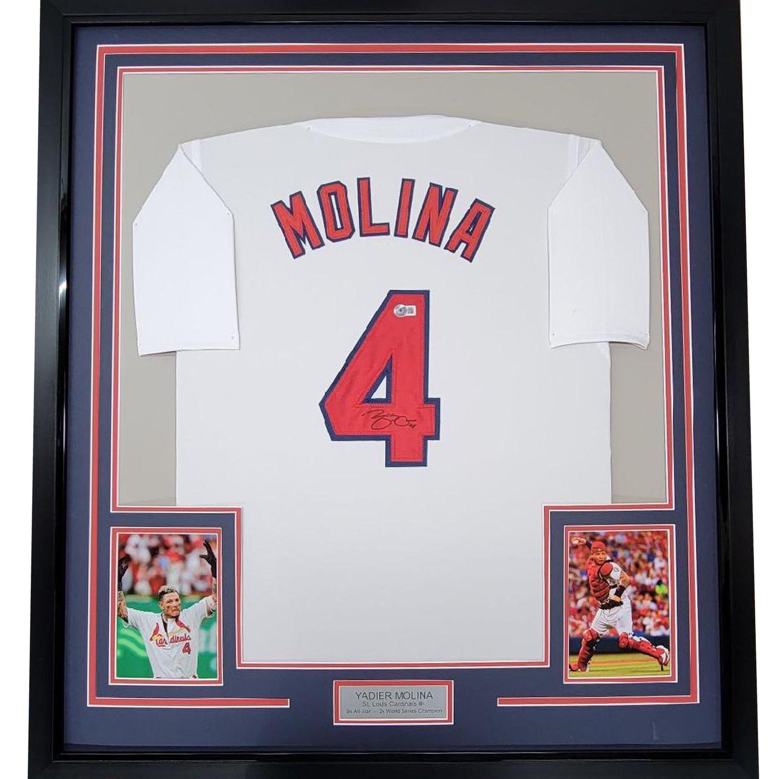 Framed Autographed/Signed Yadier Molina 35x39 St. Louis White Jersey COA