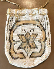 Vintage Glass Seed Beaded Purse Drawstring Closure White Brown Clear Beads AS IS