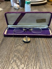 Antique Pince Nez Eyeglasses With Lapel Pin Retractable Chain