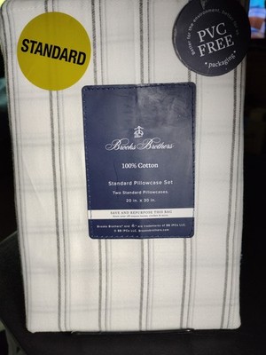 Brooks Brothers Cotton Pillowcases (2) 20x30 Standard White Black Gray Stripe 