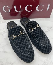 GUCCI Princetown Horsebit GG Logo Black Velvet women  s mules EU 38.5 US 8.5 990