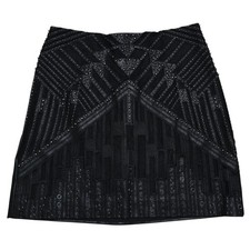Y2K Bebe Womens Black Faux Leather Beaded Rhinestone Lace Mini Skirt Size 6