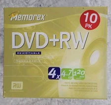 Memorex DVD + RW 10 Pack 4X 4.7 GB 120 Min Rewritable Discs New Factory Sealed