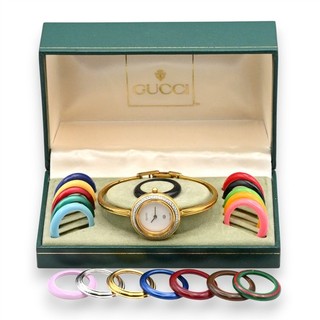GUCCI 1100L INTERCHANGEABLE BEZEL QUARTZ WRISTWATCH GOLD PLATED EXTRA BEZELS BOX