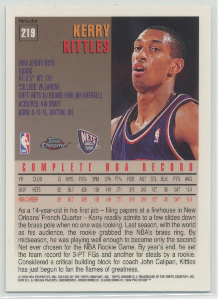 Kerry Kittles 1997-98 Topps Chrome Refractor #219 New Jersey Nets - Image 2 of 2