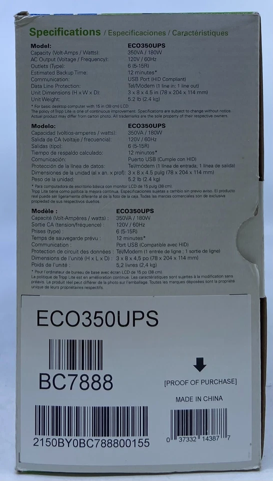 Tripp Lite ECO Series Green 350VA UPS 120V with USB RJ11 6 Outlet ECO350UPS - Image 3 of 4