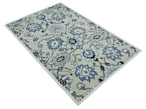 Hand Tufted 5x8 Beige, Teal and Black traditional wool area rug - DD/MA253 - Picture 3 of 11