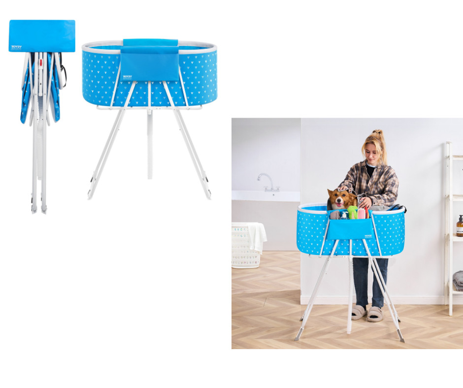 Station douche surélevée et pliable pour le toilettage de chien bleu